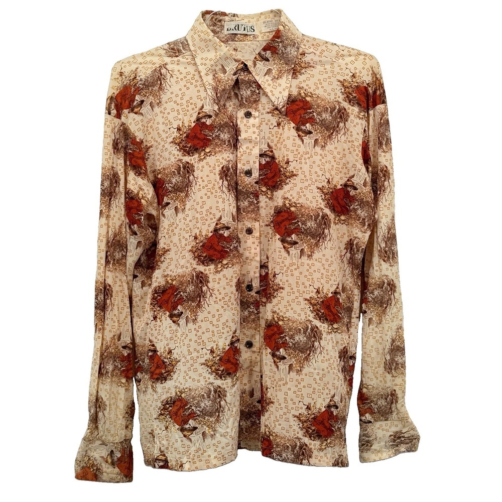 VTG Brutus 1970s Disco Button Up Shirt Rave Mens Sz L Child Dog Geometric Print